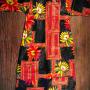 Dress in glowing yellow and red to black background, with squares and flowers!